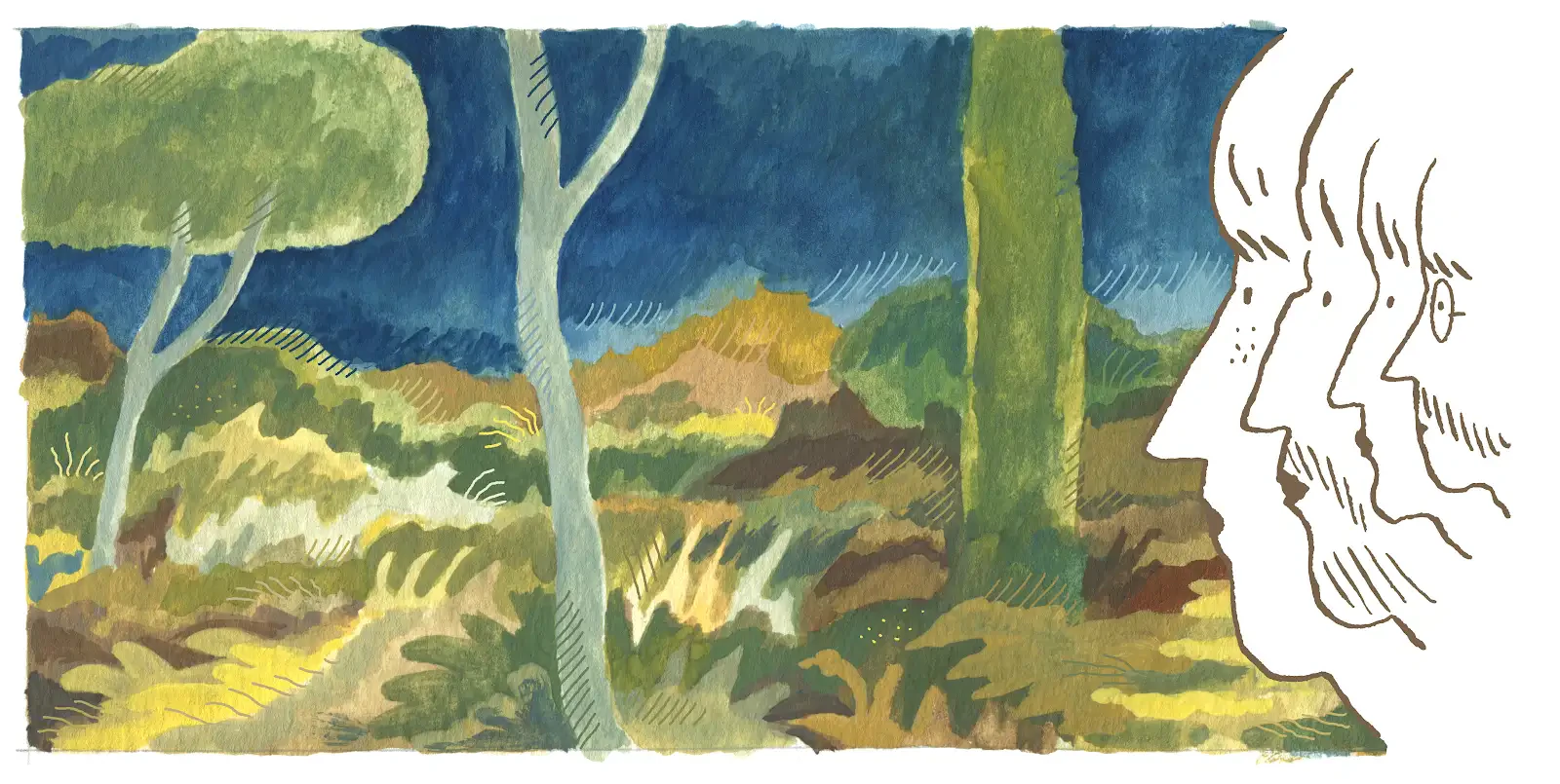 Dessin a la gouache de nature avec des visages qui la regarde 
